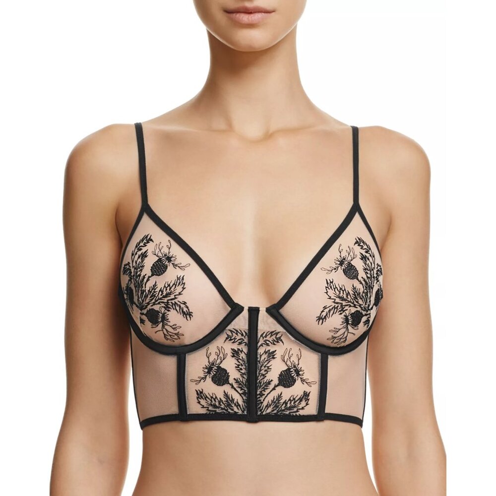 Thistle and Spire Verona Embroidered Longline Bra Women's 32DD Black Nude Mesh - Picture 5 of 16
